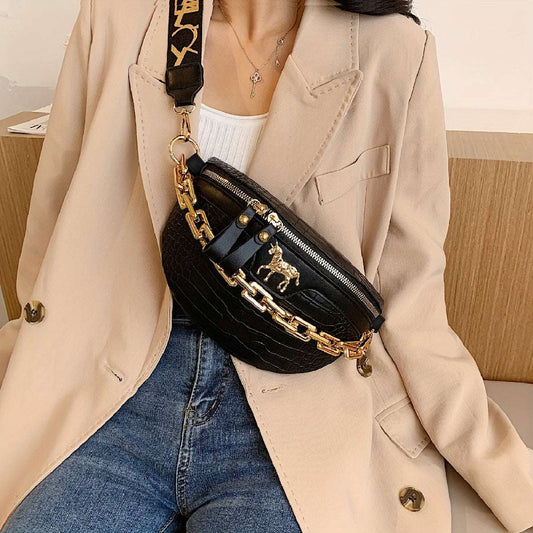 Crocodile Print Faux Leather Fanny Pack - Fashion-Forward Waist Bag for Travel, Sports & Style - Stylish Chain Accent, Durable Bum Bag for Hands-Free Convenience
