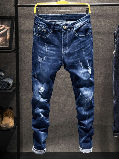 Four-Season Wear Men's Fashion Ripped Jeans - Distressed Regular Fit Denim Pants with Comfortable Stretch Fabric for Everyday Wear - Classic Style with Artistic Destruction