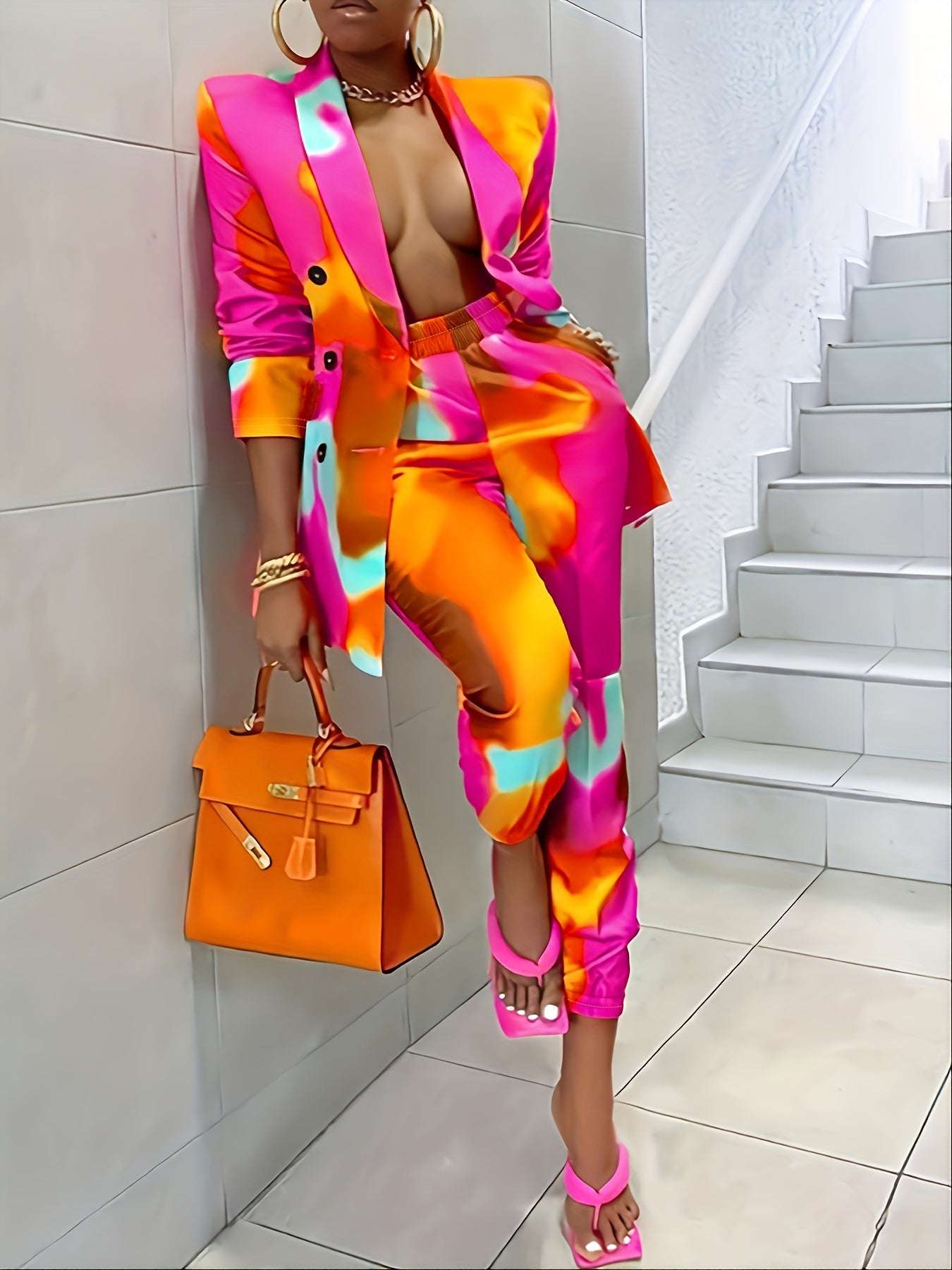 Women's Set Colorful Shawl Neck Blazer And Lounge Pants Set