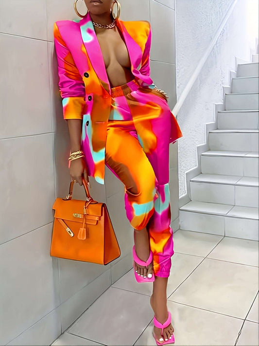 Women's Set Colorful Shawl Neck Blazer And Lounge Pants Set