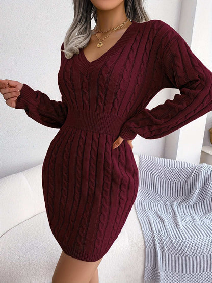Casual Waist Cable Sweater Dress Solid V-neck Long Sleeve Fall Winter Bodycon Knit Dresses Women's Clothing