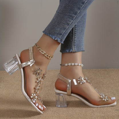 Women's Rhinestone Block Heel Sandals with Square Open Toe, Elastic Straps, Slip-On Heels for Versatile Style