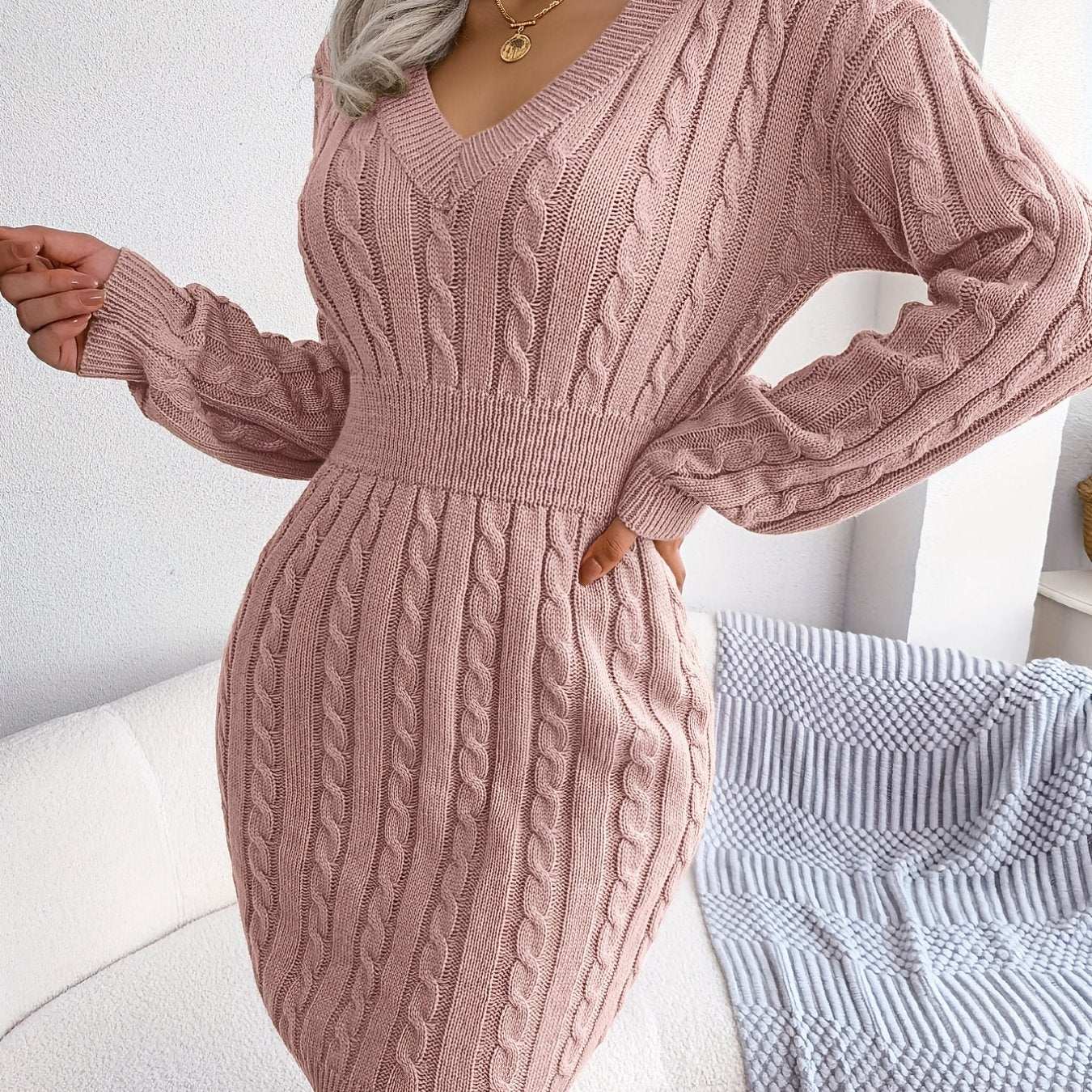 Casual Waist Cable Sweater Dress Solid V-neck Long Sleeve Fall Winter Bodycon Knit Dresses Women's Clothing