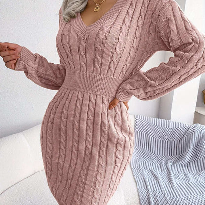 Casual Waist Cable Sweater Dress Solid V-neck Long Sleeve Fall Winter Bodycon Knit Dresses Women's Clothing