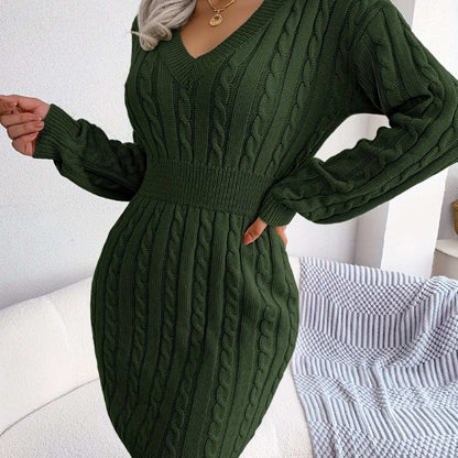 Casual Waist Cable Sweater Dress Solid V-neck Long Sleeve Fall Winter Bodycon Knit Dresses Women's Clothing