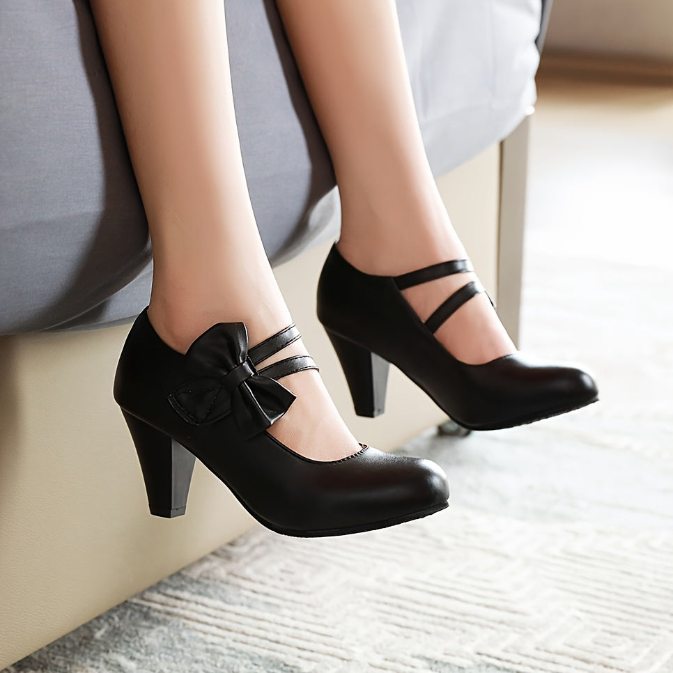 Round Toe Pumps Kitten Heels, Bowknot Ankle Straps PU Leather Fashion Dance Work Dress Chunky Shoes, Women's Footwear