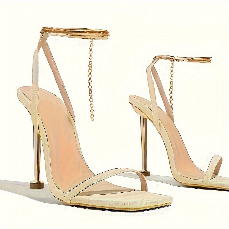 Women's Square Open Toe High Heels, Solid Color Ankle Chain Stiletto Sandals, Party & Dress Shoes