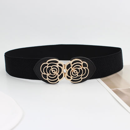 Vintage Stretch Wide Waist Belt For Women Dress Waistband Metal Leaf Buckle