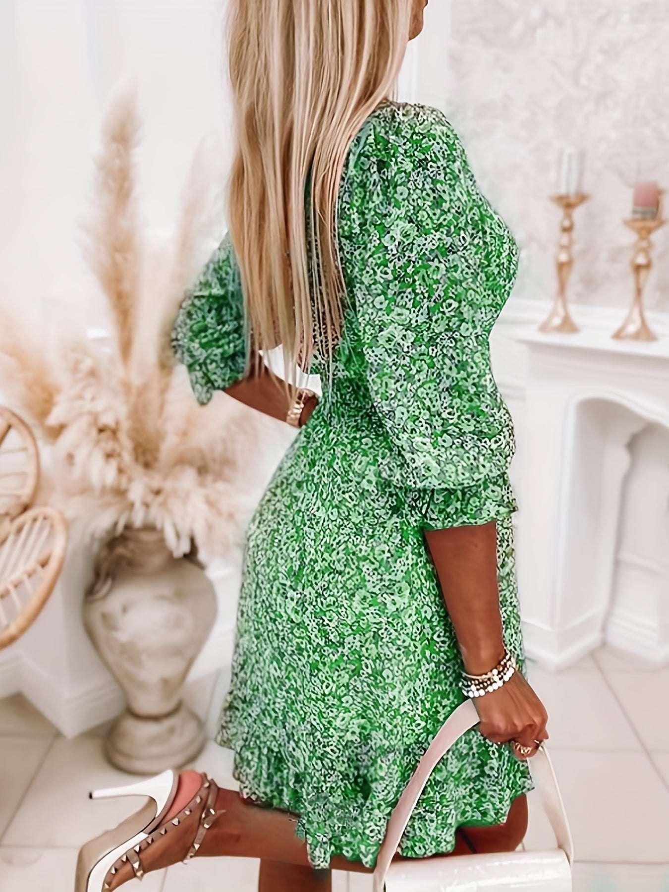 Women's Dresses Puff Sleeve Floral Print Ruched Waist V-Neck Boho Dresses