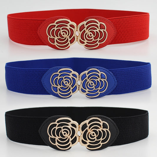 Vintage Stretch Wide Waist Belt For Women Dress Waistband Metal Leaf Buckle