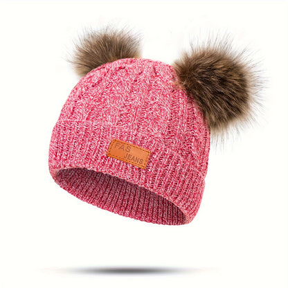 1pc Toddler Knitted Hat, Pure Color Winter Twist Double Pom Pom Knitted Beanies Cap