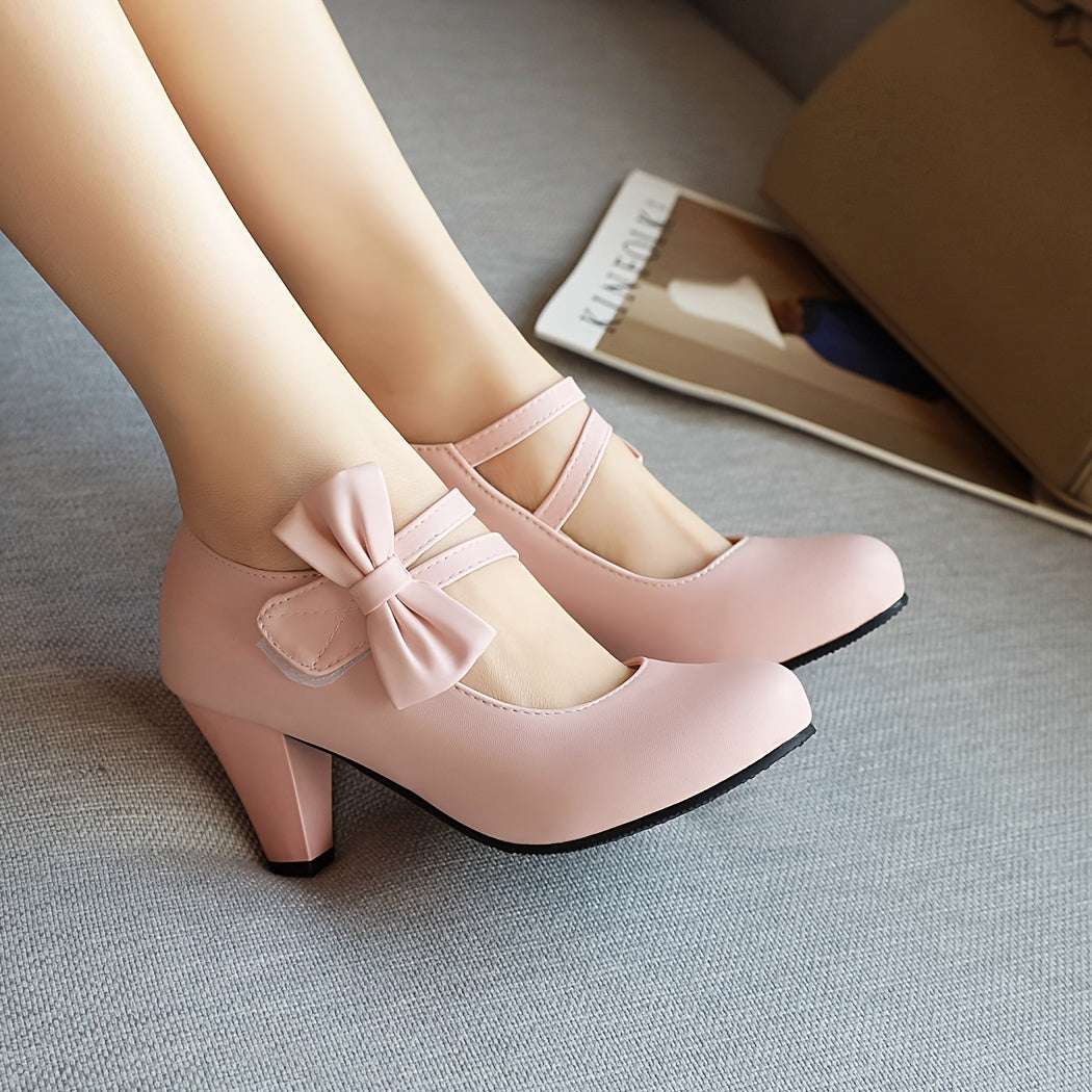 Round Toe Pumps Kitten Heels, Bowknot Ankle Straps PU Leather Fashion Dance Work Dress Chunky Shoes, Women's Footwear