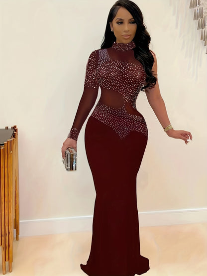 VNOVA'S Women'S One Shoulder Long Sleeve Rhinestone Process Mesh Sexy Slim Dress Club Evening Dress