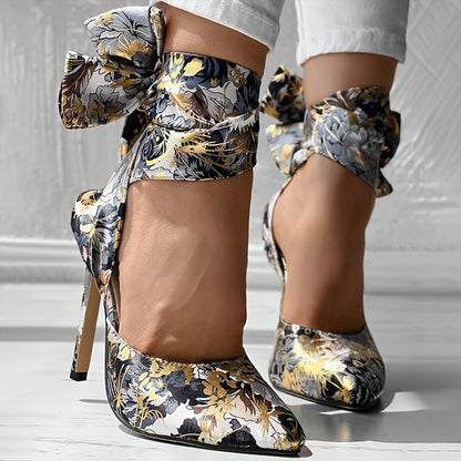CBI STYLE Women's Floral Stiletto High Heels - Pointed Toe Ankle Strap Ultra-High Heels with Fabric Upper & PVC Sole for Weddings, Parties, Formal Events, Stiletto Heels
