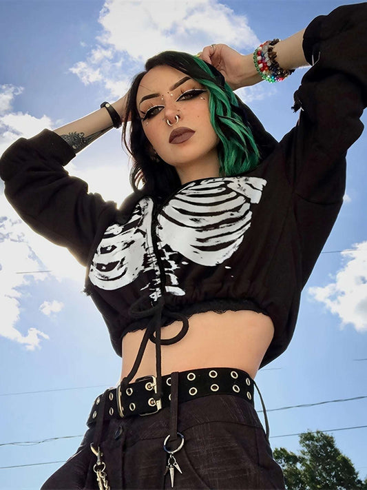 Gothic Drawstring Crop Hoodie, Long Sleeve Hoodies Sweatshirt, Women's Clothing