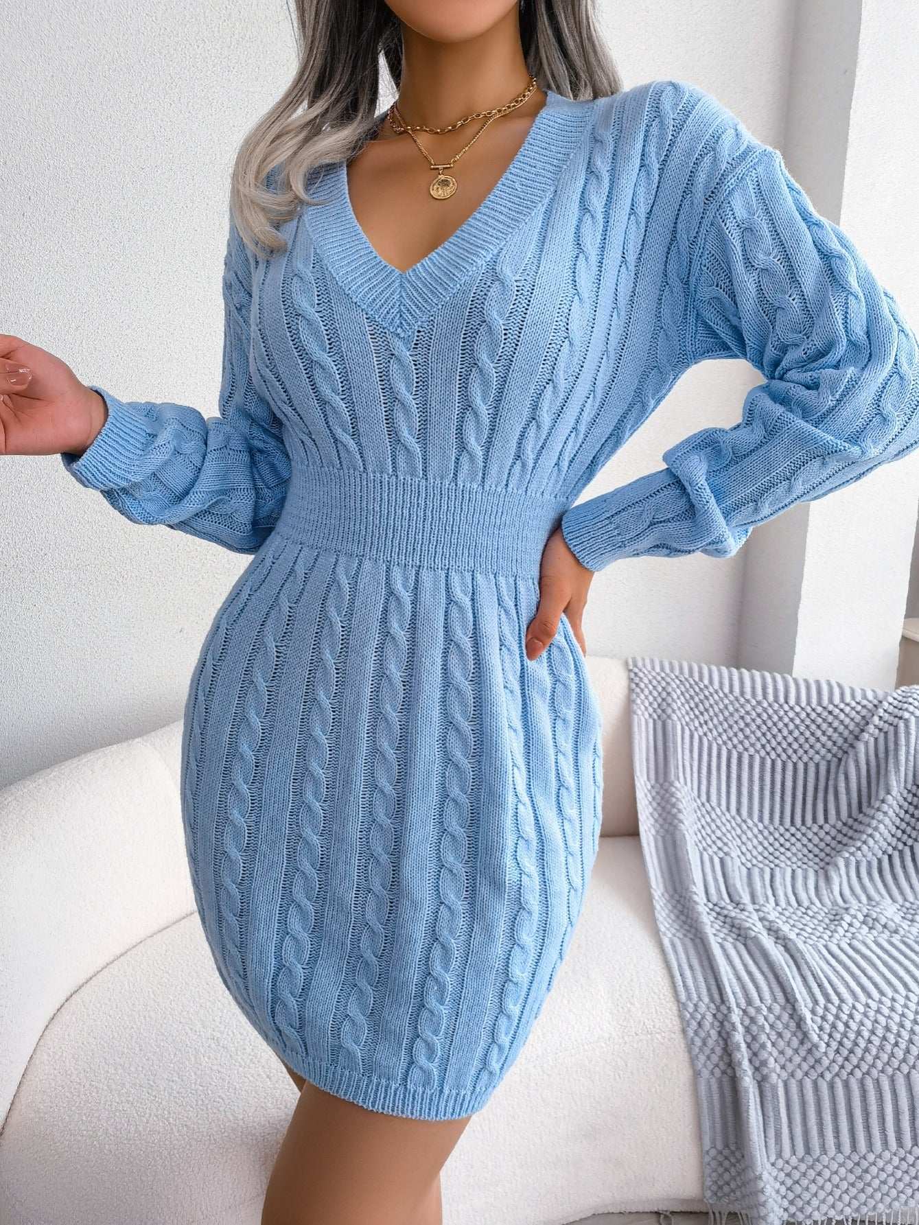 Casual Waist Cable Sweater Dress Solid V-neck Long Sleeve Fall Winter Bodycon Knit Dresses Women's Clothing