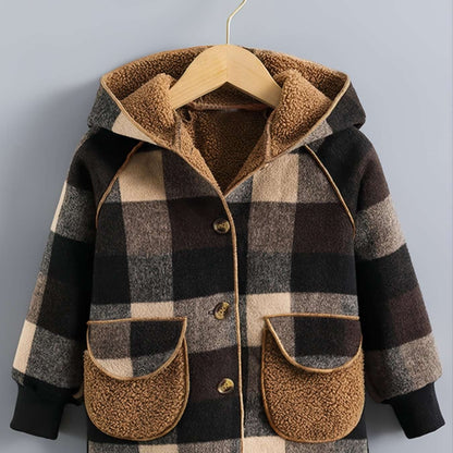 Cozy Boys' Plaid Hooded Jacket - Warm, Button-Front, Soft Plush Lining, Water-Resistant, Winter Kids' Clothing for Outdoor Play