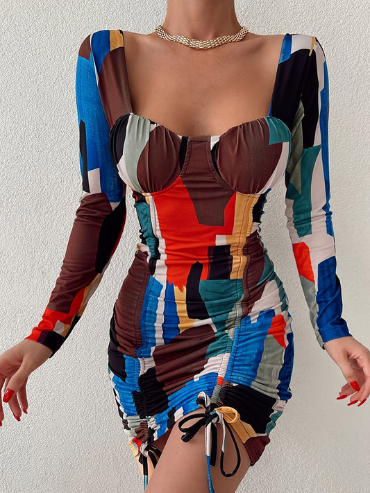 Women's Dresses Casual Drawstring Elegant Colorful Print Square Neck Fashion Dress