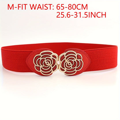 Vintage Stretch Wide Waist Belt For Women Dress Waistband Metal Leaf Buckle