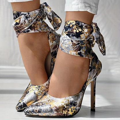 CBI STYLE Women's Floral Stiletto High Heels - Pointed Toe Ankle Strap Ultra-High Heels with Fabric Upper & PVC Sole for Weddings, Parties, Formal Events, Stiletto Heels