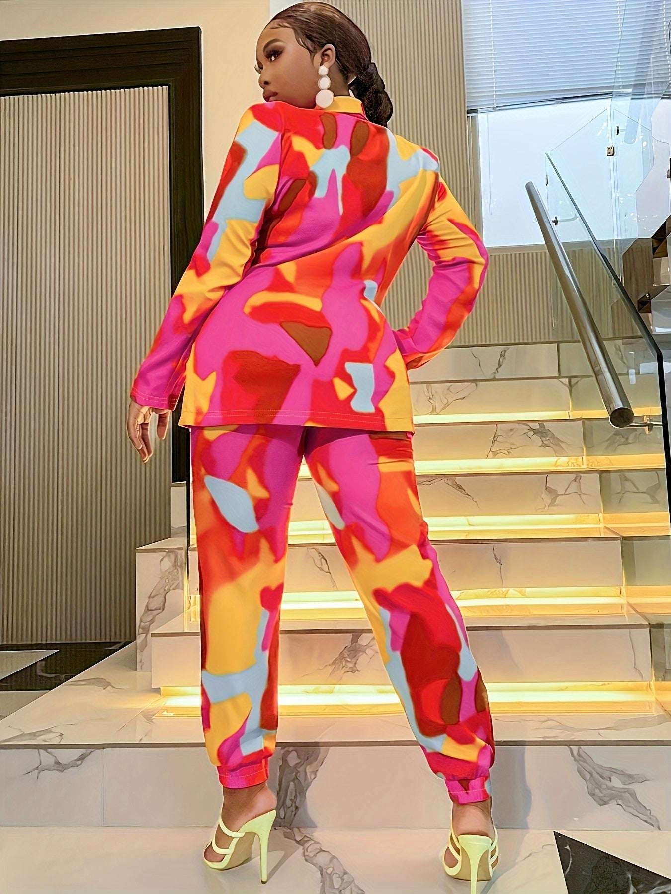 Women's Set Colorful Shawl Neck Blazer And Lounge Pants Set