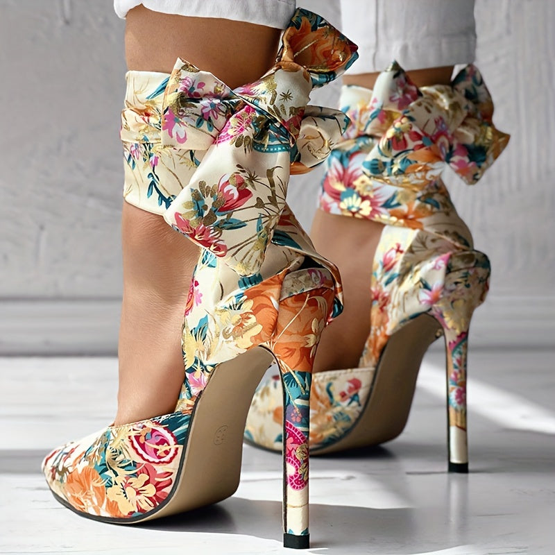CBI STYLE Women's Floral Stiletto High Heels - Pointed Toe Ankle Strap Ultra-High Heels with Fabric Upper & PVC Sole for Weddings, Parties, Formal Events, Stiletto Heels