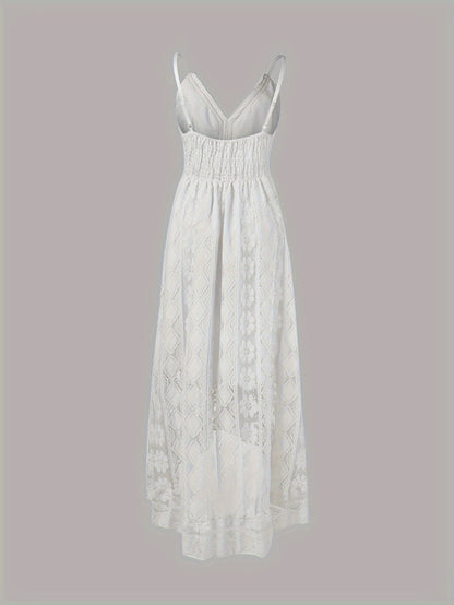Boho Spaghetti Strap Sexy V-Neck Lace Hem Maxi Swing Sundress Vacation Beachwear Dresses, Women's Clothing