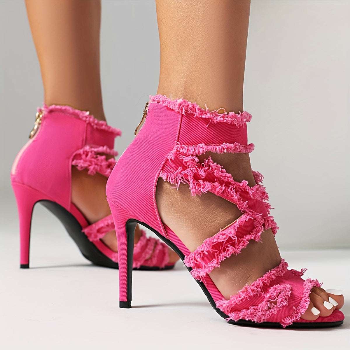 Women's Denim Cut-out High Heels, Peep Toe Back Zipper Stiletto Heels, Fashion Party Sandals