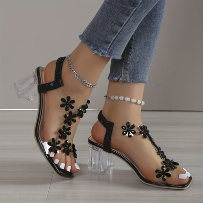 Women's Rhinestone Block Heel Sandals with Square Open Toe, Elastic Straps, Slip-On Heels for Versatile Style