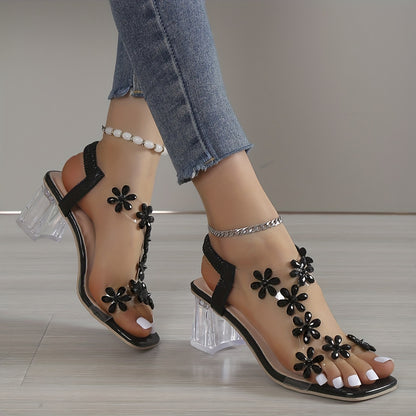 Women's Rhinestone Block Heel Sandals with Square Open Toe, Elastic Straps, Slip-On Heels for Versatile Style