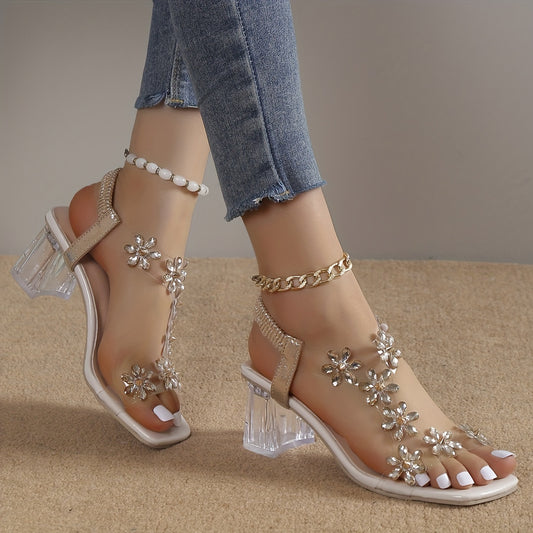Women's Rhinestone Block Heel Sandals with Square Open Toe, Elastic Straps, Slip-On Heels for Versatile Style