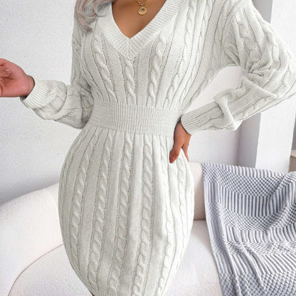 Casual Waist Cable Sweater Dress Solid V-neck Long Sleeve Fall Winter Bodycon Knit Dresses Women's Clothing