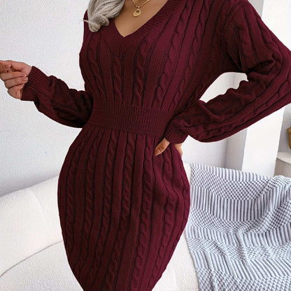 Casual Waist Cable Sweater Dress Solid V-neck Long Sleeve Fall Winter Bodycon Knit Dresses Women's Clothing