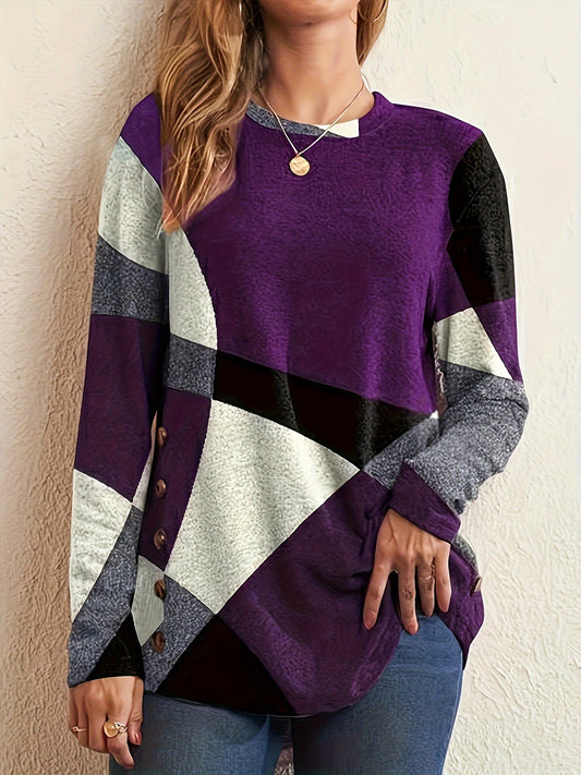 Women's Color Block Long Sleeve T-shirt with Button Detail and Longline Cut - Casual and Comfortable Fashion for Everyday Wear