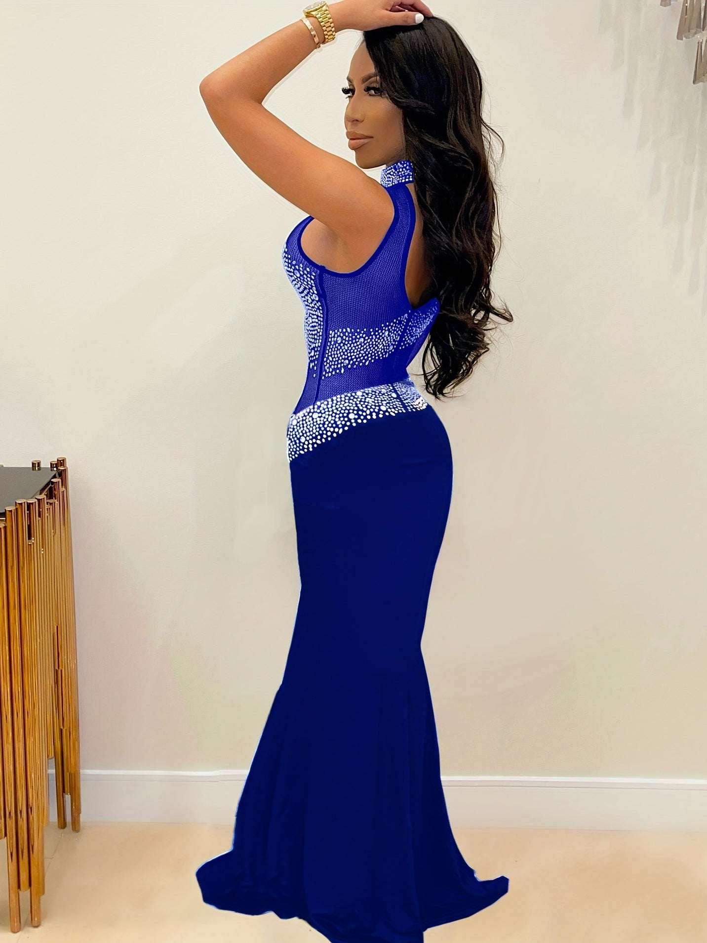 VNOVA'S Women'S One Shoulder Long Sleeve Rhinestone Process Mesh Sexy Slim Dress Club Evening Dress
