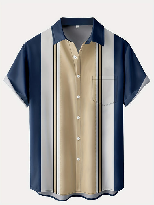 Men's Polyester Color Block Vertical Striped Button Through Shirt