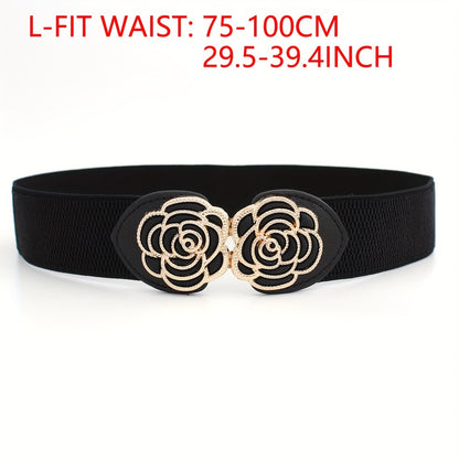 Vintage Stretch Wide Waist Belt For Women Dress Waistband Metal Leaf Buckle