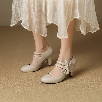 Round Toe Pumps Kitten Heels, Bowknot Ankle Straps PU Leather Fashion Dance Work Dress Chunky Shoes, Women's Footwear