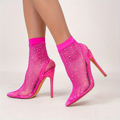 Women's Rhinestone Decor Stiletto Heels, Sexy Evening Party Street Style Pumps, Women's Breathable Mesh Heels