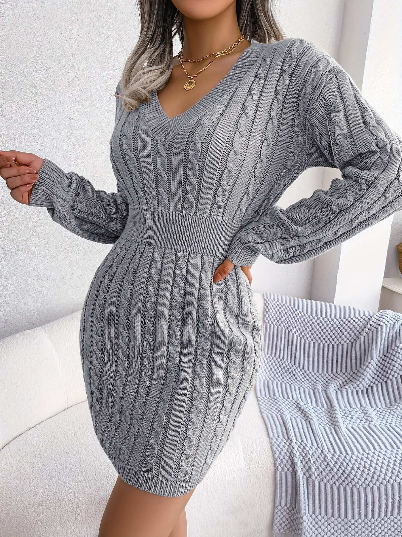 Casual Waist Cable Sweater Dress Solid V-neck Long Sleeve Fall Winter Bodycon Knit Dresses Women's Clothing