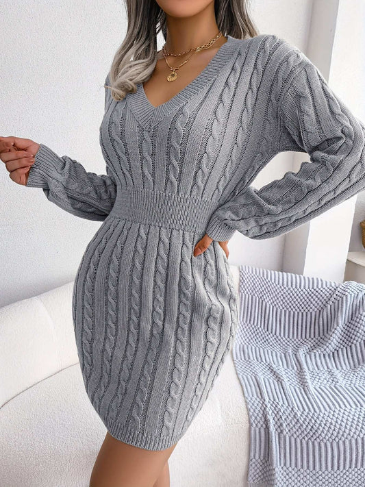 Casual Waist Cable Sweater Dress Solid V-neck Long Sleeve Fall Winter Bodycon Knit Dresses Women's Clothing