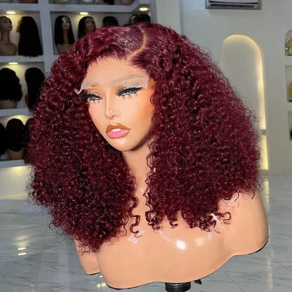 250% Density HD 13x4 Lace Jerry Curly Bob Wig Burgundy 99J Human Hair Wig 100% Remy Human Hair Dark Brown Chocolate Color #4