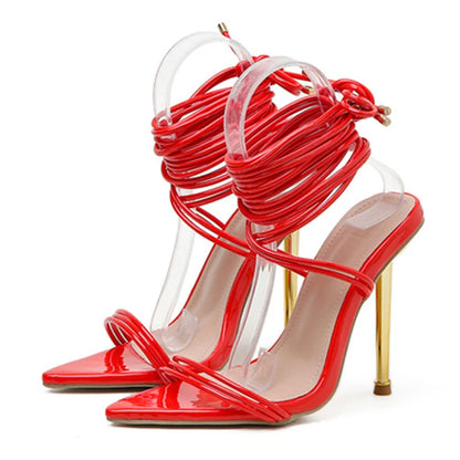 Summer 12CM Gladiator Heels Sandals For Women Fashion Pointed Open Toe Lace-Up Stiletto Ladies Strappy Wedding Shoes Black Red