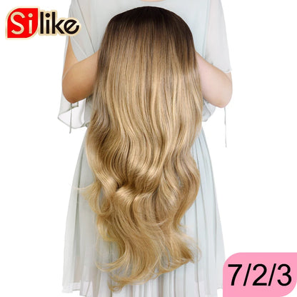 Silike Synthetic 3/4 Half Wigs 24 Inch Long Ash Blonde Wavy Wig With Clip in Hair Extension 16 Color 210g For Black White Women