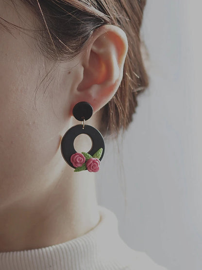 Holiday Delicate Spring Dangle Easter Floral Rose Flowers Cherry Glitter Vintage Gifts Polymer Clay Earrings Sets For Party
