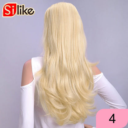 Silike Synthetic 3/4 Half Wigs 24 Inch Long Ash Blonde Wavy Wig With Clip in Hair Extension 16 Color 210g For Black White Women