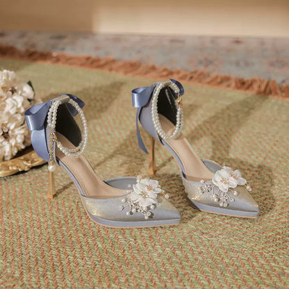 2024 Spring New Arrival Flower Bow Tie Pearl Chain Waterproof Platform Stiletto High Heels Women's Red Wedding Shoes Sandals
