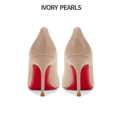 Genuine Leather Red High Heel Shoes for Women 2024 New Arrival Spring & Fall Pointed Stiletto Heel French Style Temperament Fancy Nude Color Shoes