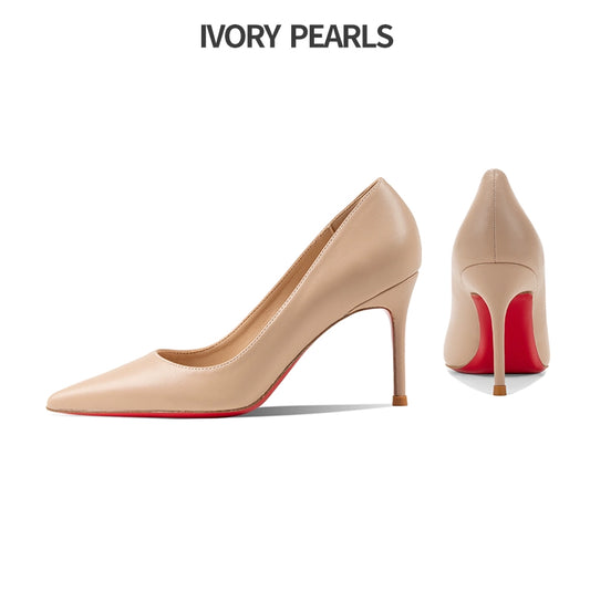 Genuine Leather Red High Heel Shoes for Women 2024 New Arrival Spring & Fall Pointed Stiletto Heel French Style Temperament Fancy Nude Color Shoes