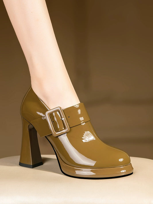 Flats Women's High Heels Waterproof Platform round Toe Leather Shoes New Autumn and Winter Women's Shoes Deep Mouth Soft Leather Cow Leather Women's Chunky Heel Shoes